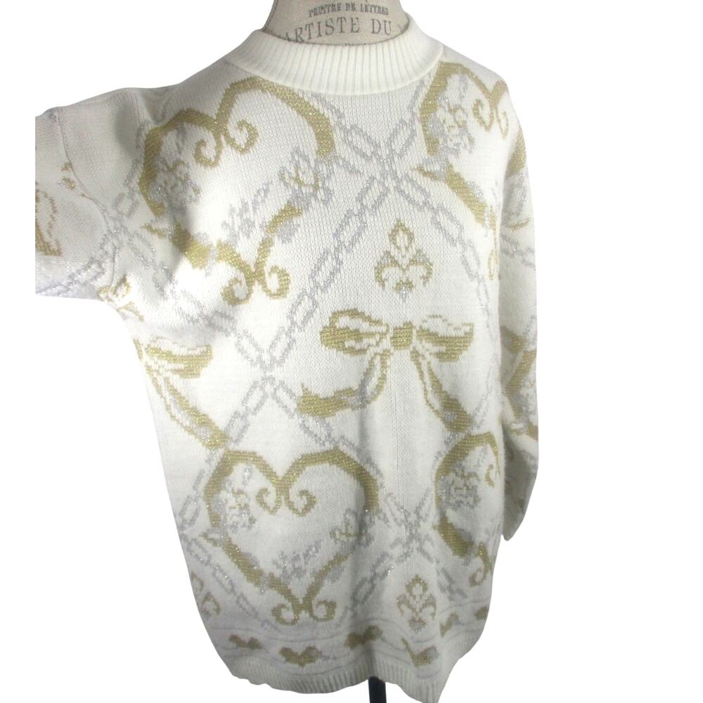 Vintage Dana Scott White Knit Metallic Embroidery Sweater Size Large